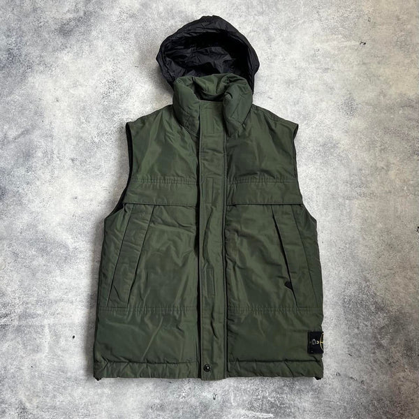 Stone island 2020 khaki green micro reps down gilet with Packable hood