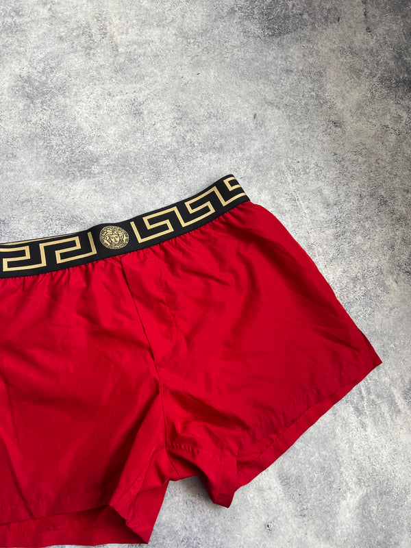 Versace red greca waistband swim shorts