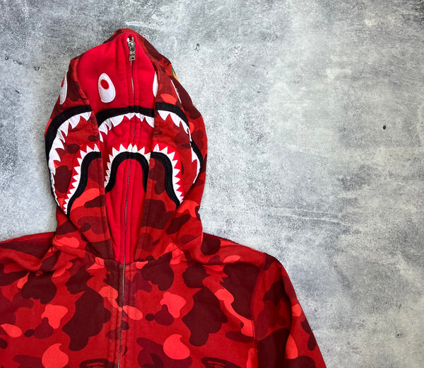 Bape double hooded red camo full zip hoodie