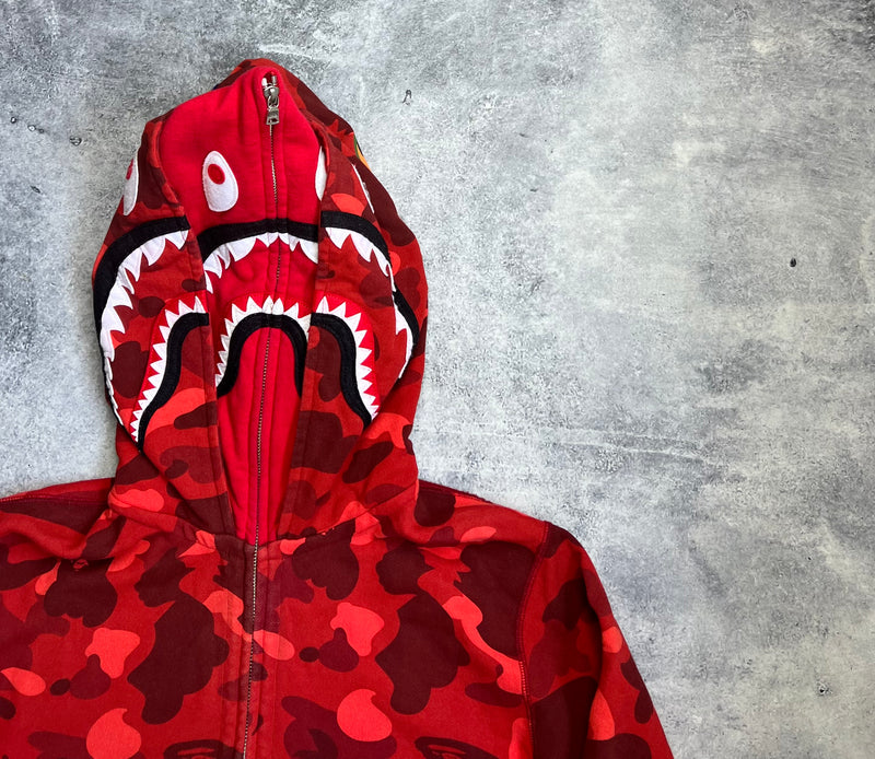 Bape double hooded red camo full zip hoodie