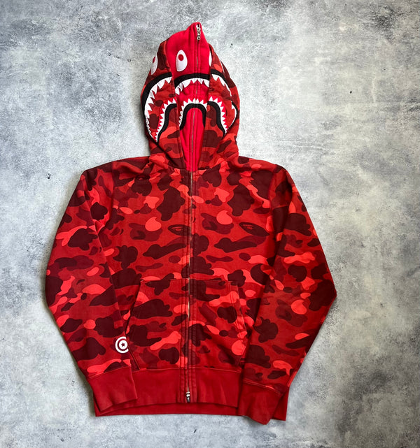 Bape double hooded red camo full zip hoodie