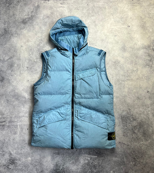 Stone island 2022 light blue crinkle reps NY down gilet with packable hood
