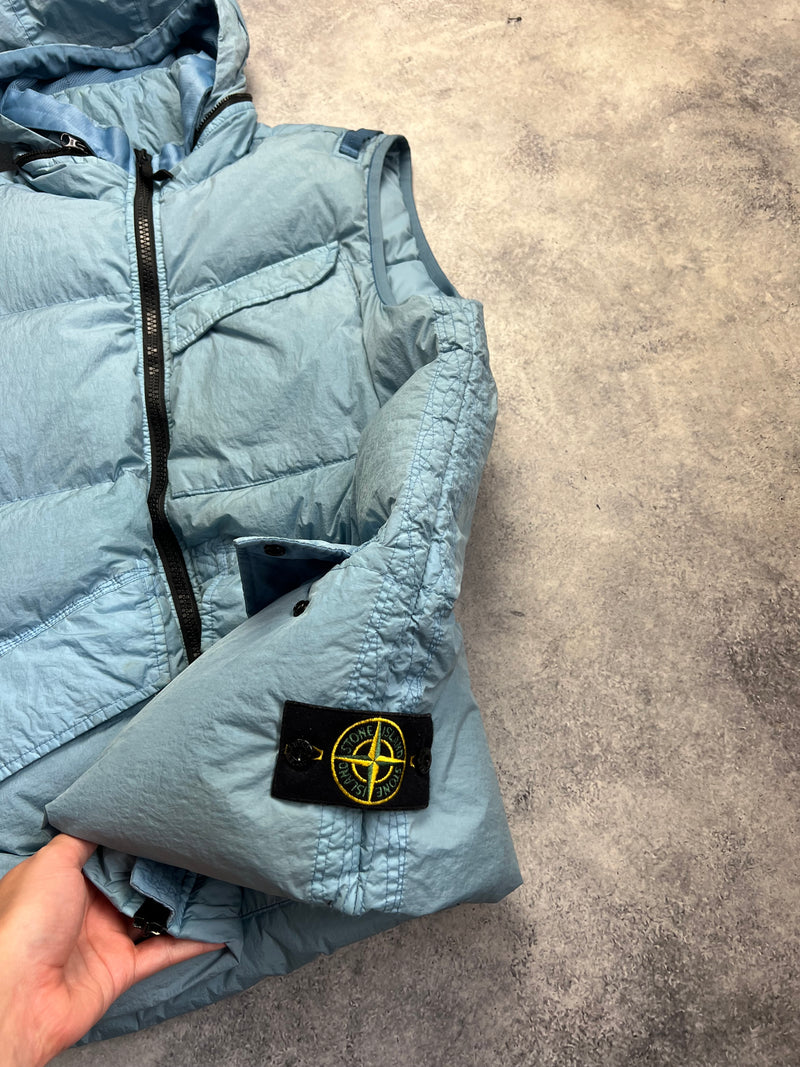 Stone island 2022 light blue crinkle reps NY down gilet with packable hood