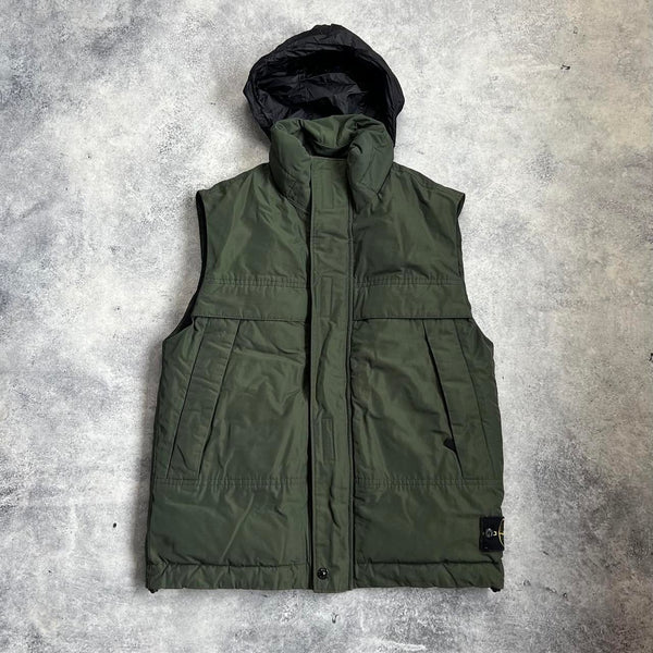 Stone island 2020 khaki green micro reps down gilet with packable hood