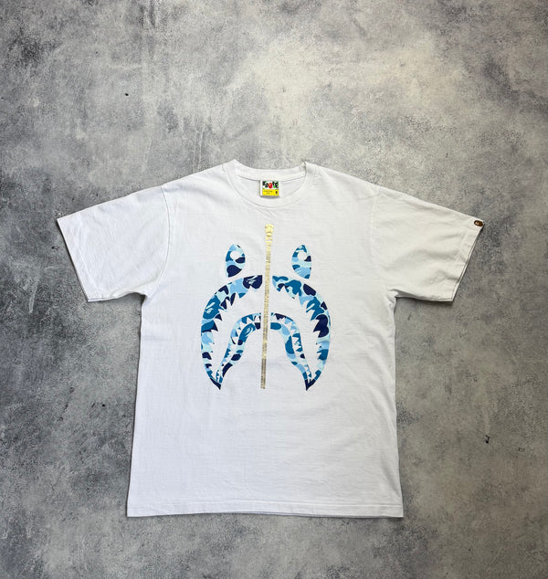 Bape blue camo shark graphic white tee