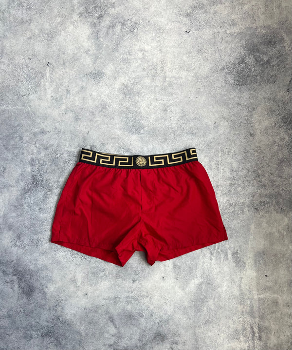 Versace red greca waistband swim shorts
