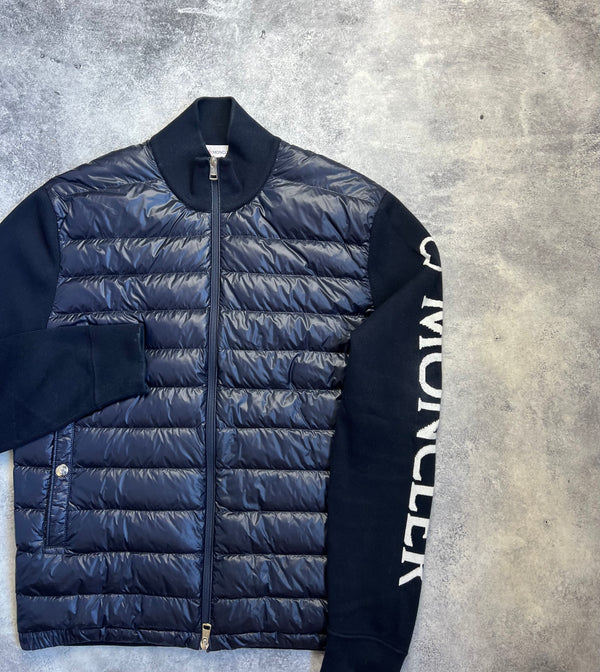 Moncler navy blue arm logo tricot cardigan