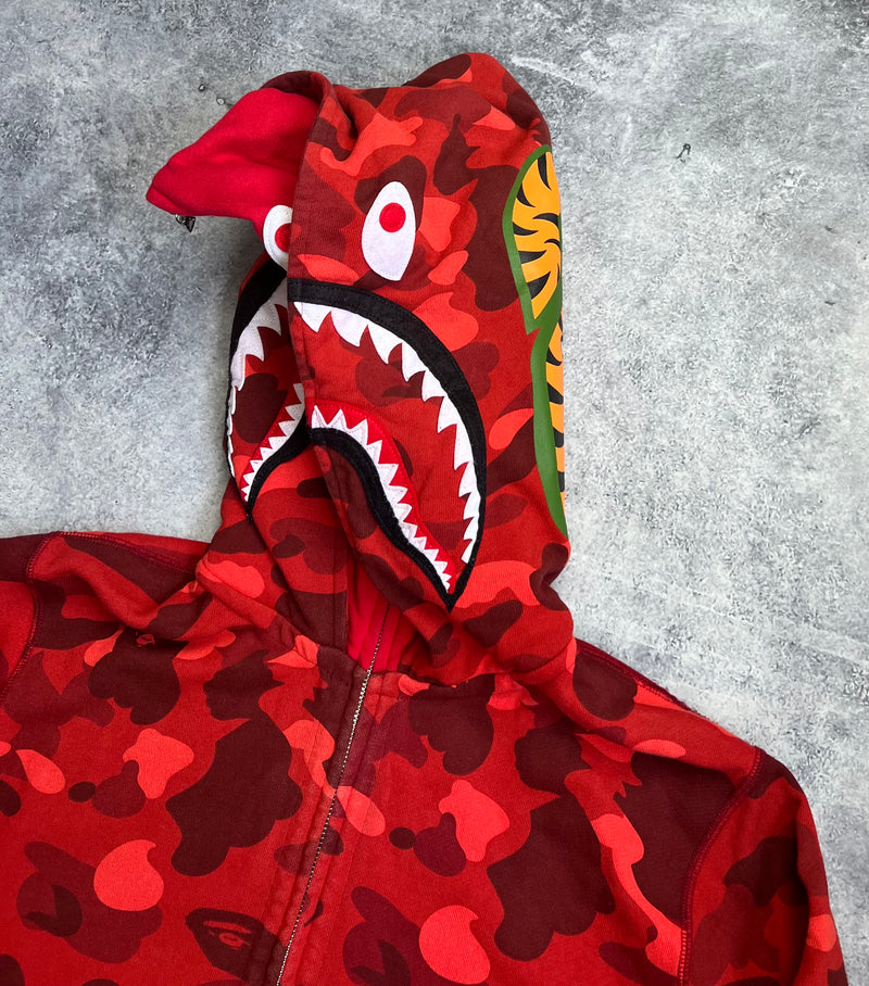 Bape double hooded red camo full zip hoodie