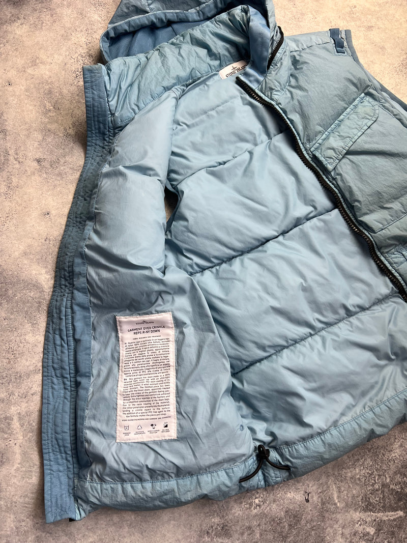 Stone island 2022 light blue crinkle reps NY down gilet with packable hood