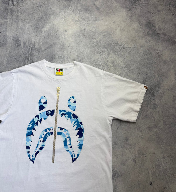 Bape blue camo shark graphic white tee